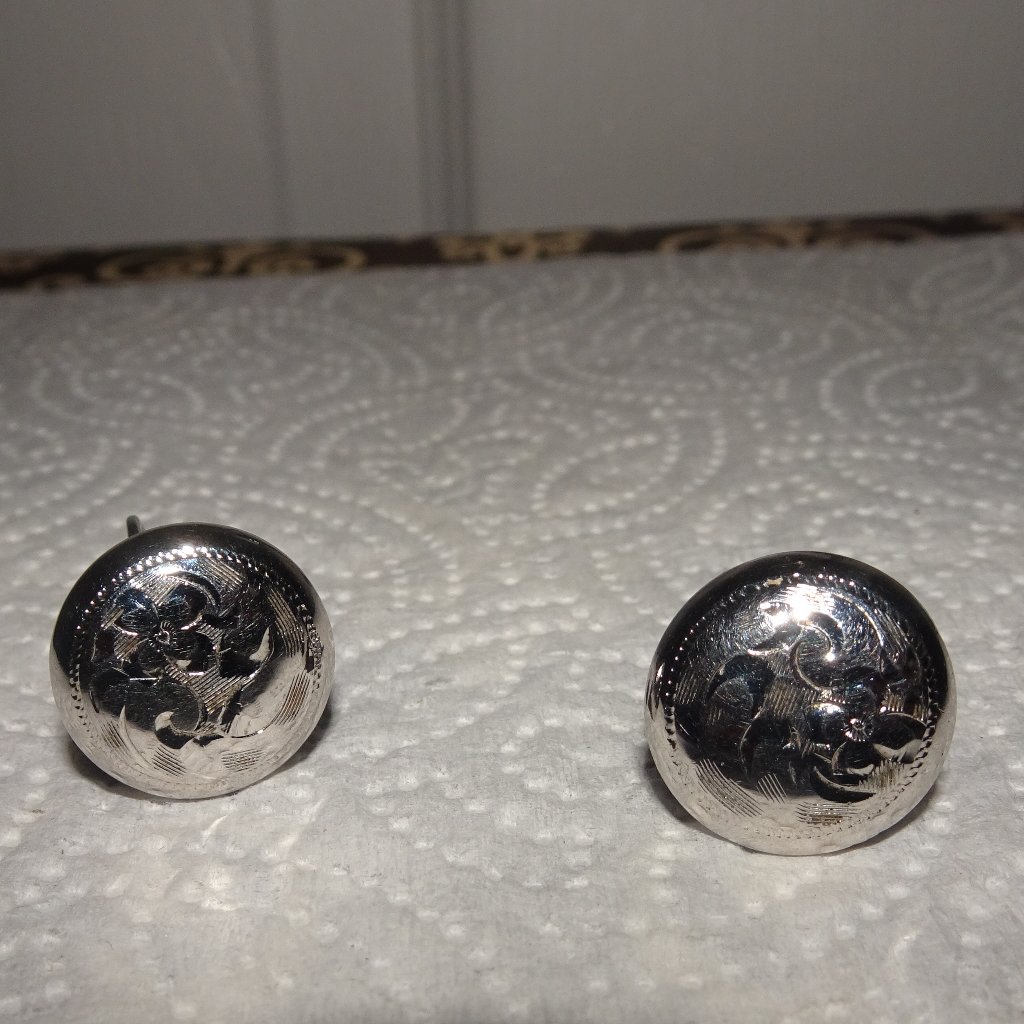 Vtg. Rainbow Sterling Etched Button Earrings